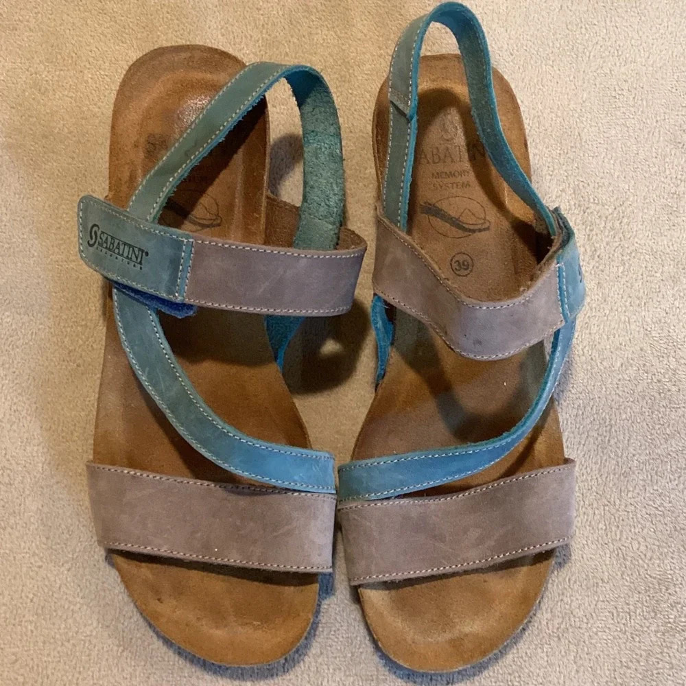 SABATINI Calzature Beige/Light Teal Leather Wedge Sandal, Women EU 39/US 8/UK 6